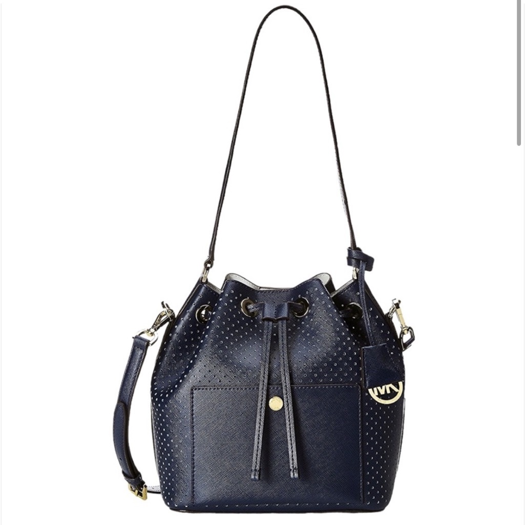Michael Kors Greenwich Double Saffiano Perforated Navy Leather Bucket Bag